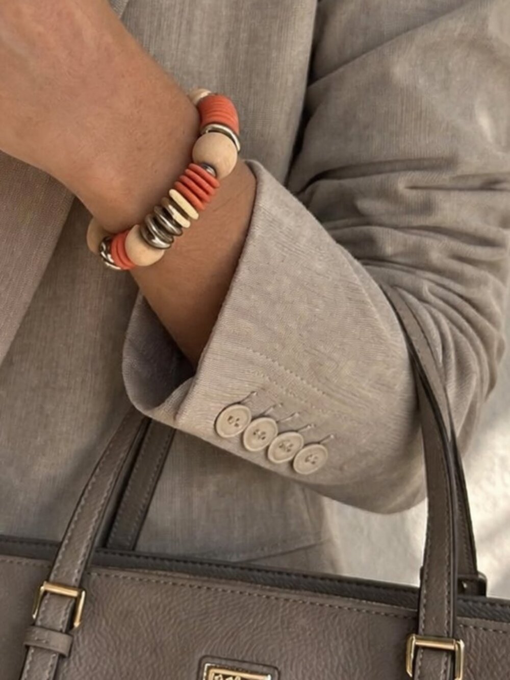 Chunky Boho Wood Metal Beaded Bracelet Orange Cream Statement